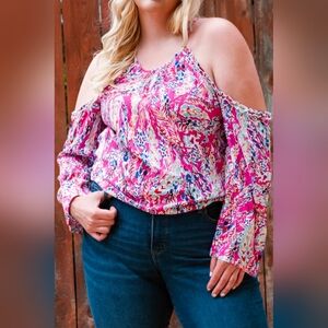 NEW WITH TAGS PLUS SIZE Pink Print Cold Shoulder Long Sleeve Top